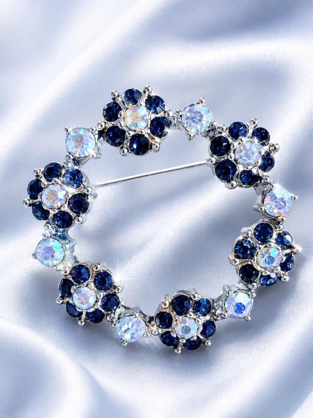 Vintage Brooch - Wreath shaped Blue and Crystal Gemstones Silver-Tone